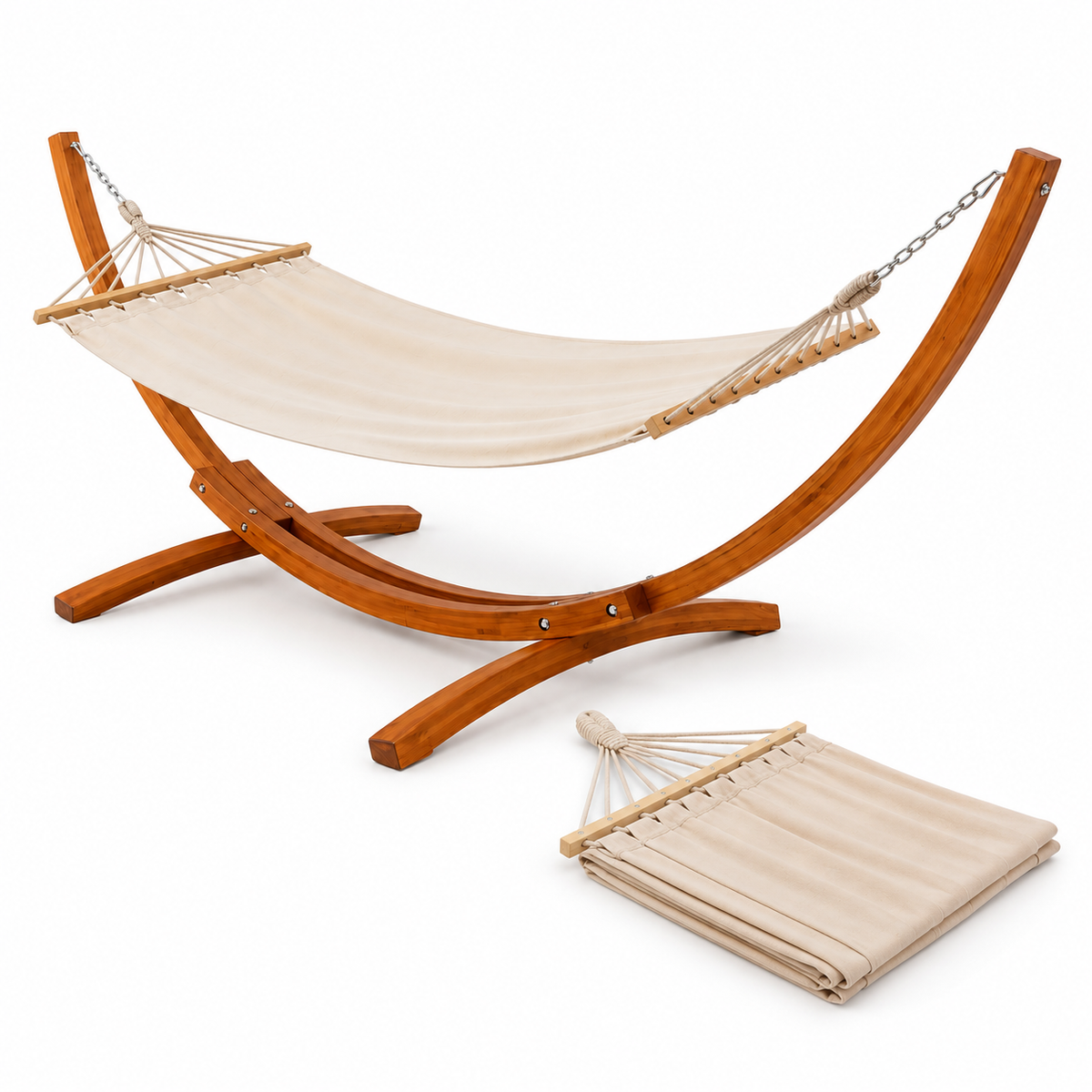 Hamac sur support bois avec deux toiles beige sur fond blanc