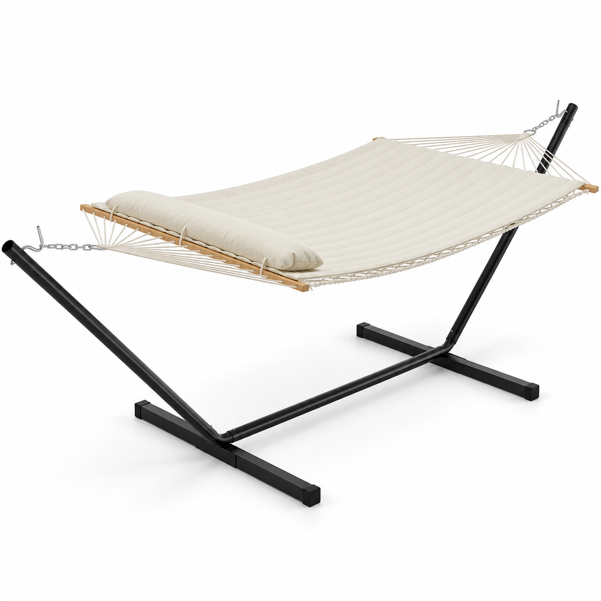 Hamac en corde beige uni avec matelas et support acier sur fond blanc