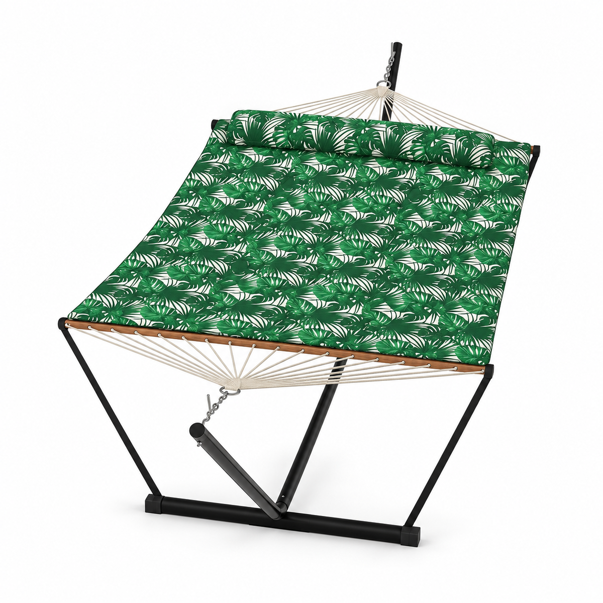 Hamac en corde à motif feuillage vert avec matelas et support acier sur fond blanc