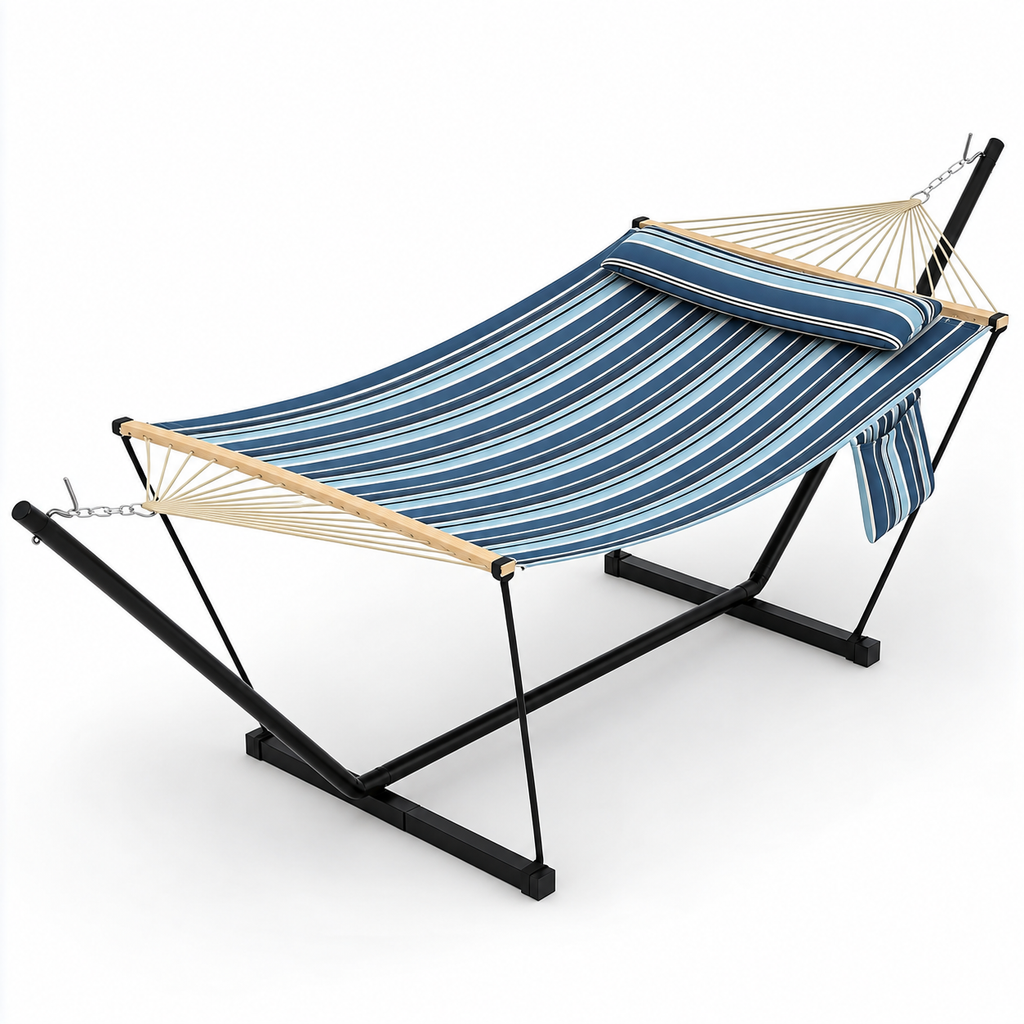 Hamac matelassé rayé bleu blanc avec support acier sous un autre angle