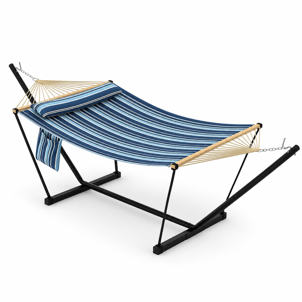 Hamac matelassé rayé bleu blanc avec support acier sur fond blanc