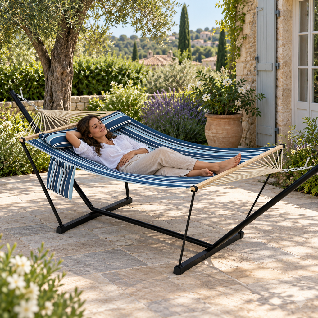 Hamac matelassé rayé bleu blanc avec support acier en utilisation dans un jardin ou sur une terrasse