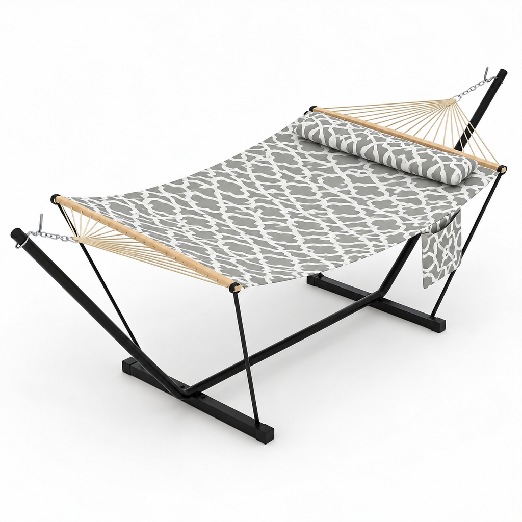 Hamac matelassé gris blanc à motif avec support acier sous un autre angle
