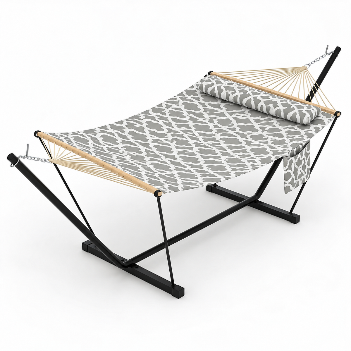Hamac matelassé gris blanc à motif avec support acier sous un autre angle