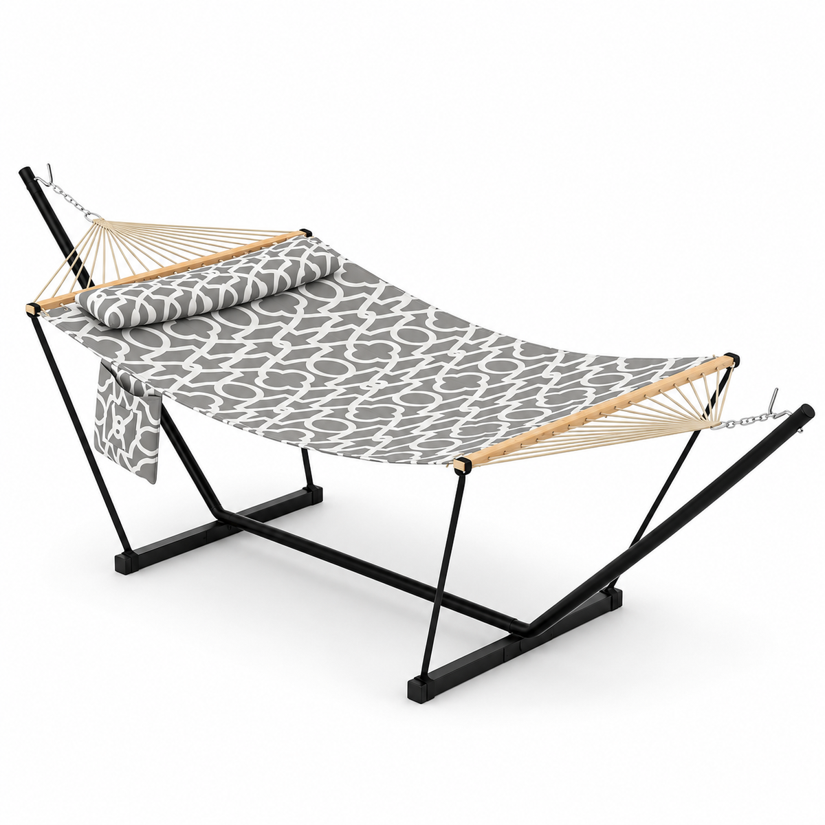 Hamac matelassé gris blanc à motif avec support acier sur fond blanc