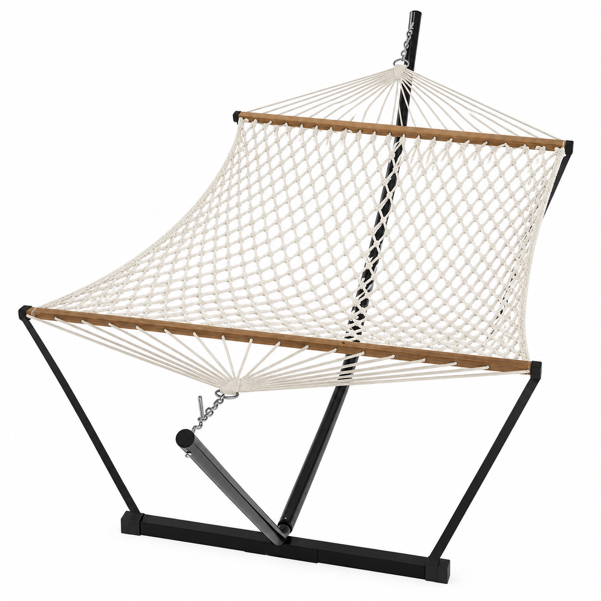 Hamac en corde rayé bleu vert jaune avec matelas et support acier sans matelas ni oreiller, vue du hamac en corde