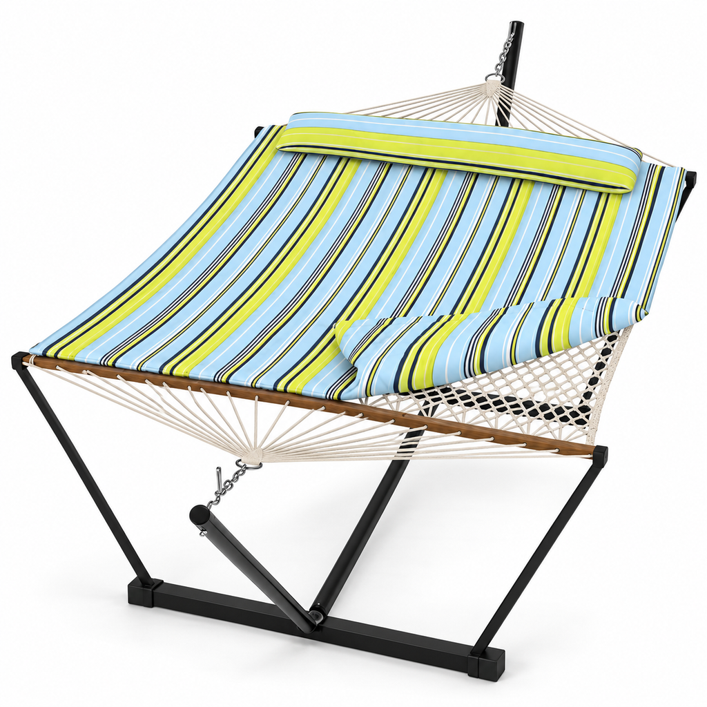 Hamac en corde rayé bleu vert jaune avec matelas et support acier sur fond blanc