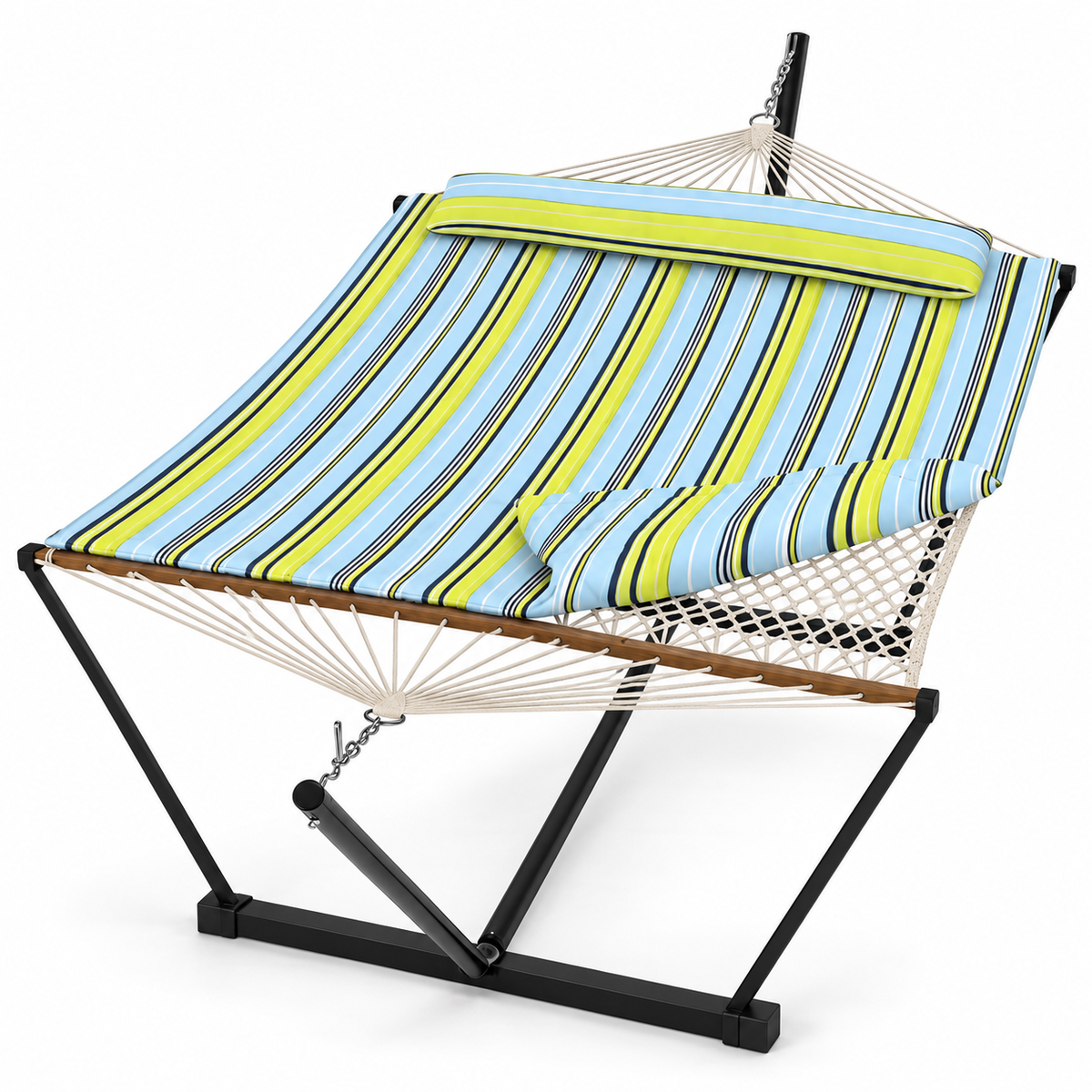 Hamac en corde rayé bleu vert jaune avec matelas et support acier sur fond blanc