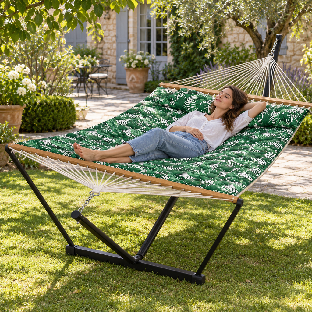 Hamac en corde à motif feuillage vert avec matelas et support acier en utilisation dans un jardin ou sur une terrasse