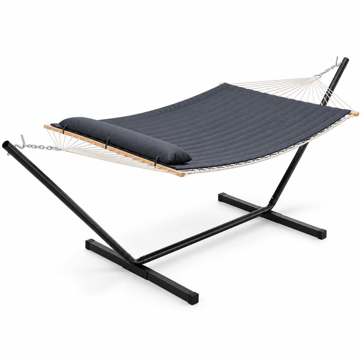 Hamac en corde gris foncé uni avec matelas et support acier sur fond blanc