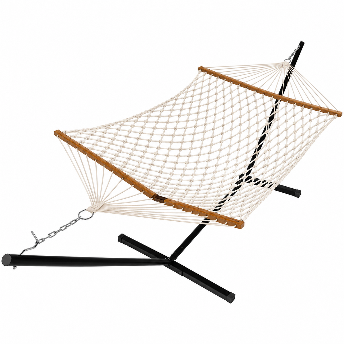 Hamac en corde beige uni avec matelas et support acier sans matelas ni oreiller, vue du hamac en corde