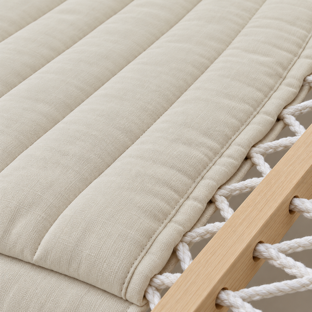 Zoom sur les matières : Hamac en corde beige uni avec matelas et support acier