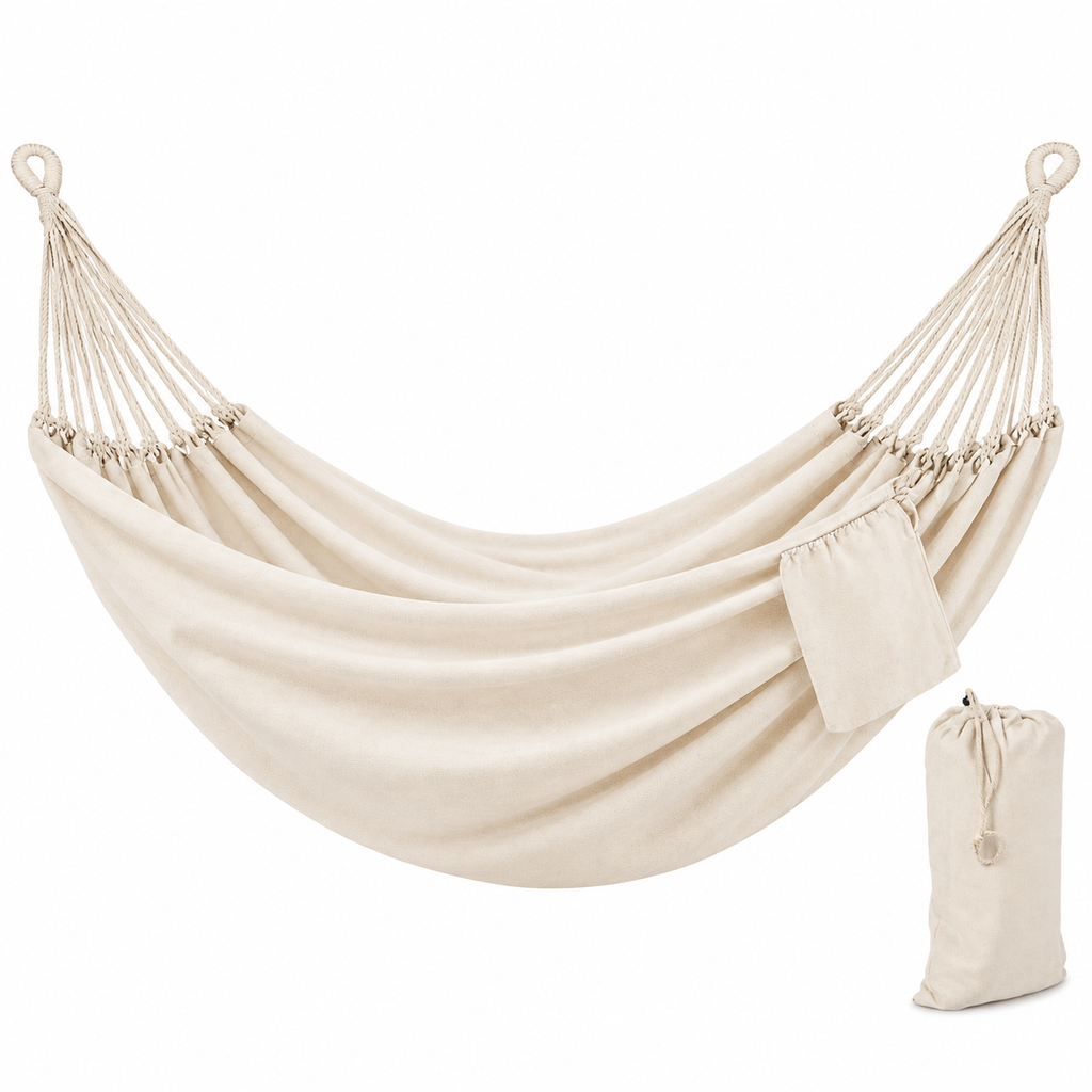 Hamac en coton écru avec poche et sac sous un autre angle
