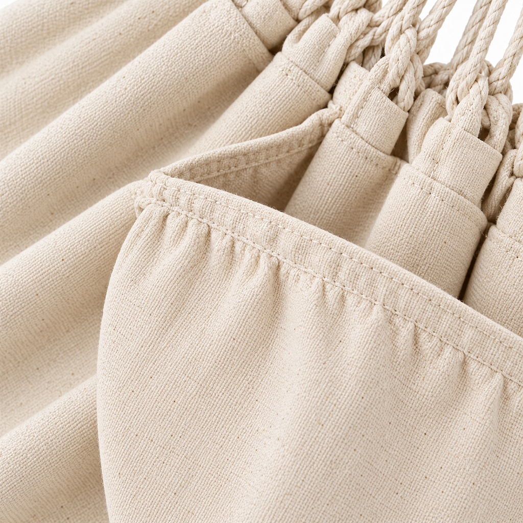 Zoom sur les matières : Hamac en coton écru avec poche et sac