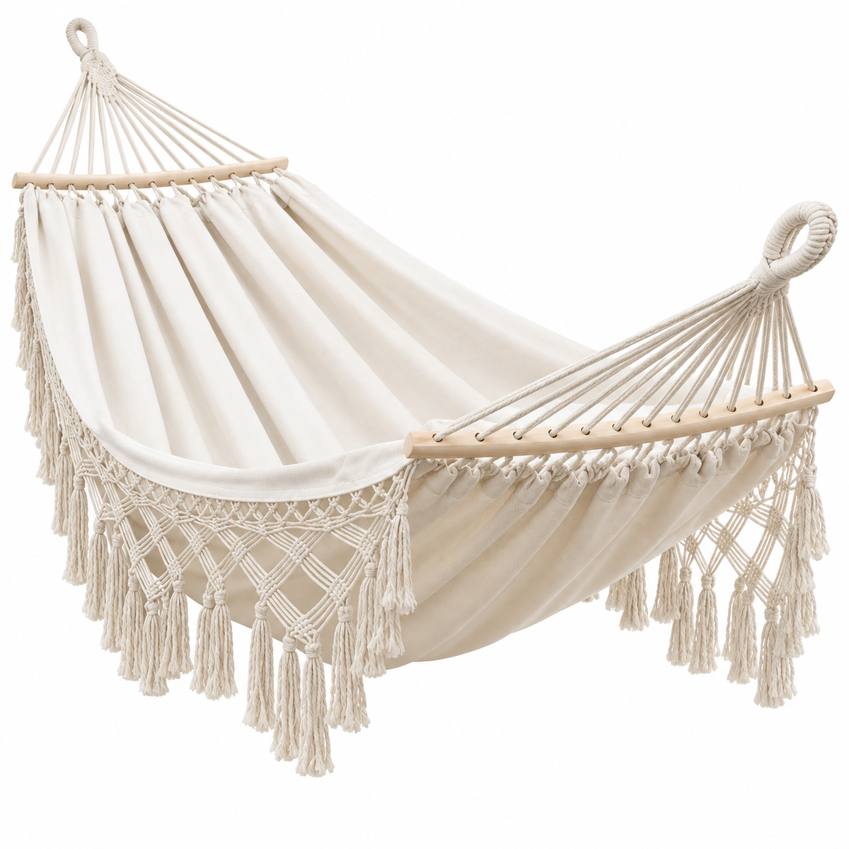 Hamac à franges écru avec barres bois sous un autre angle
