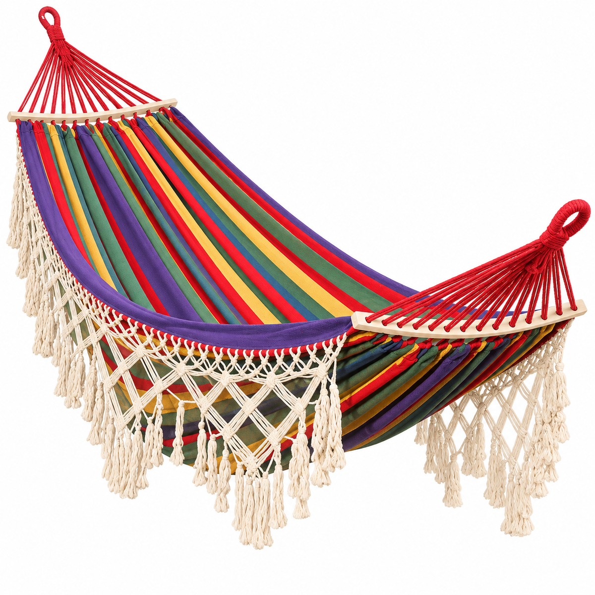 Hamac à franges multicolore rouge avec barres bois sous un autre angle