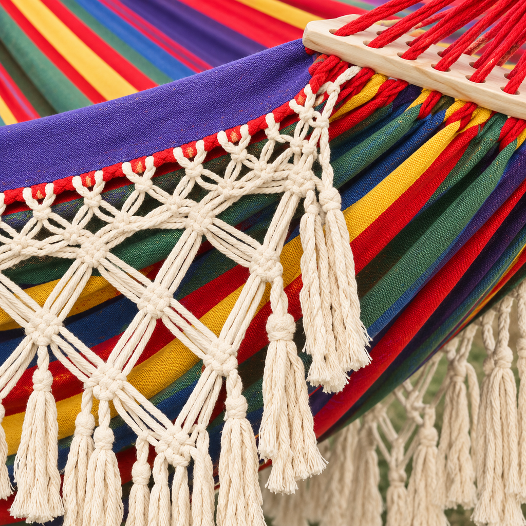 Zoom sur les matières : Hamac à franges multicolore rouge avec barres bois