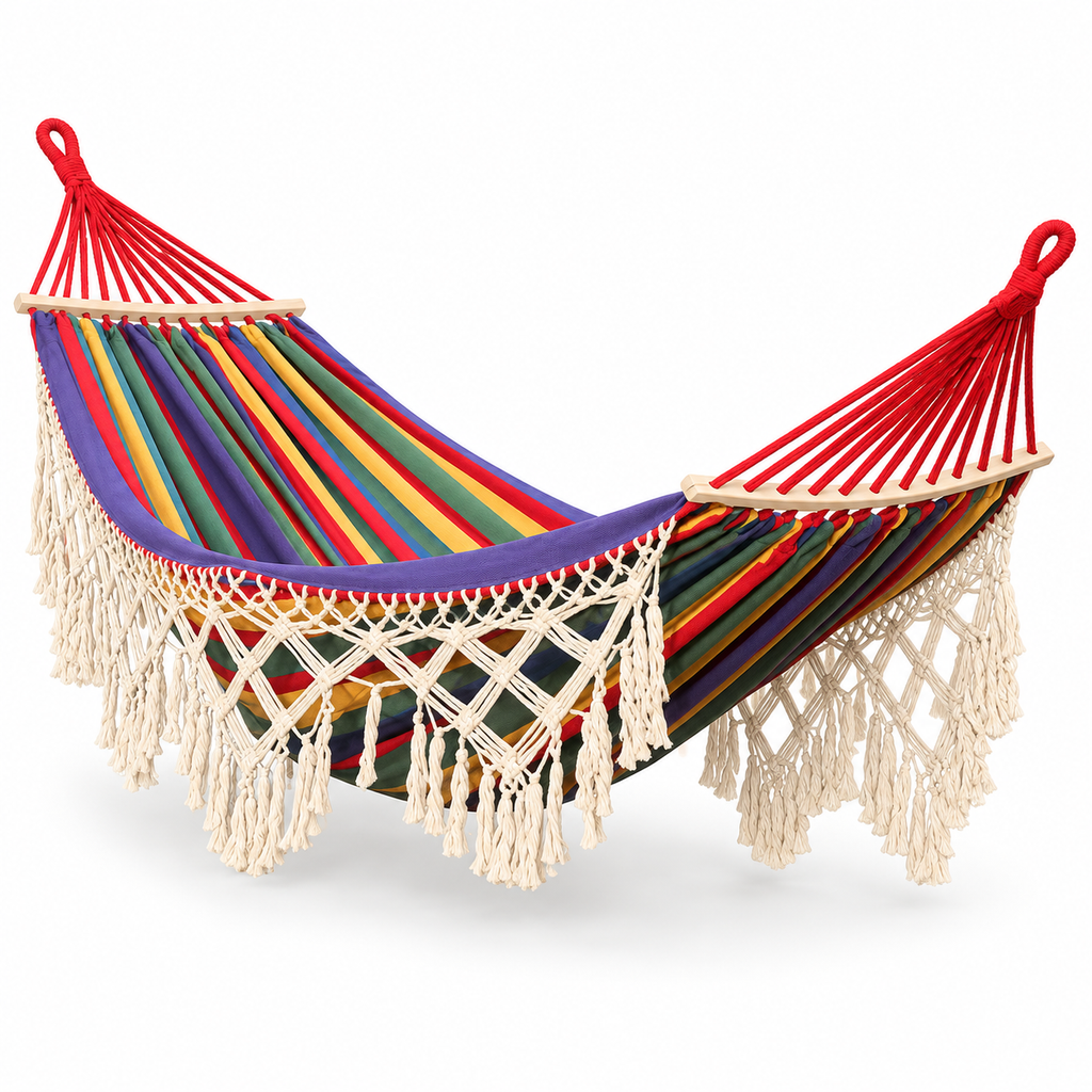 Hamac à franges multicolore rouge avec barres bois sur fond blanc