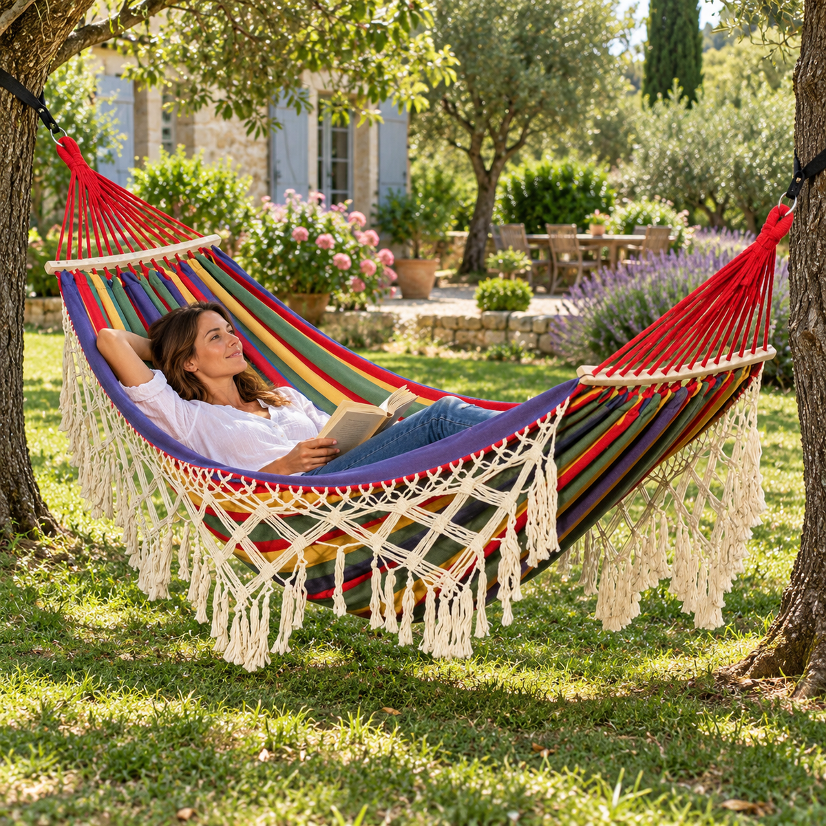 Hamac à franges multicolore rouge avec barres bois en utilisation dans un jardin ou sur une terrasse