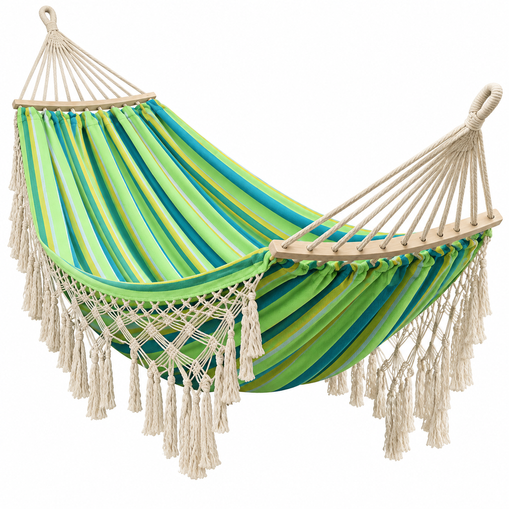 Hamac à franges rayé vert avec barres bois sous un autre angle