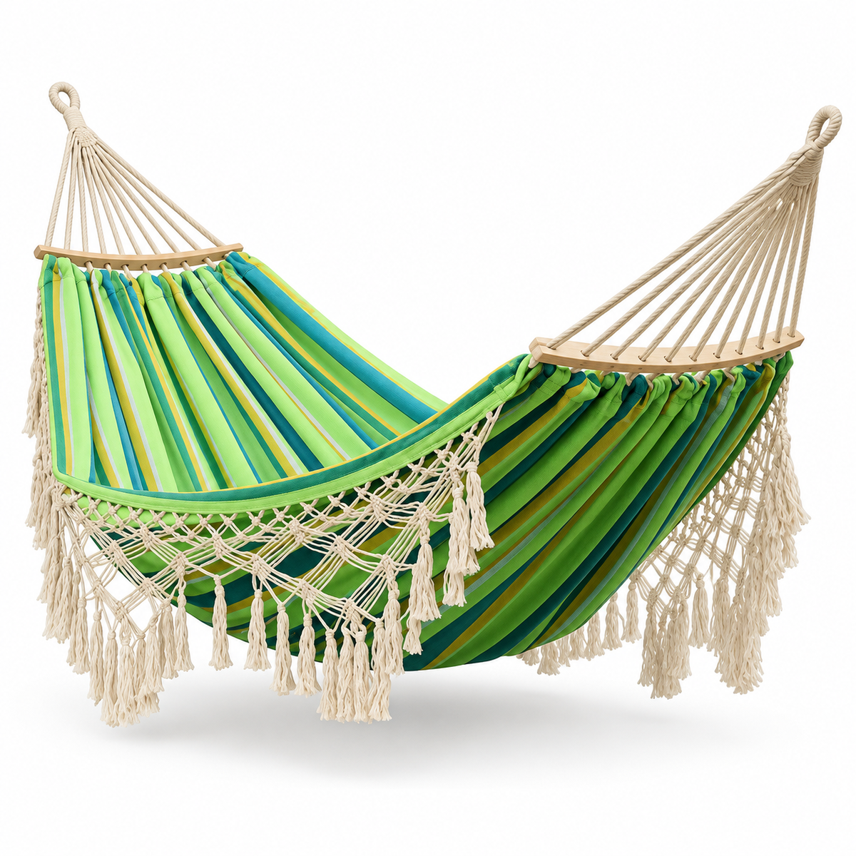 Hamac à franges rayé vert avec barres bois sur fond blanc