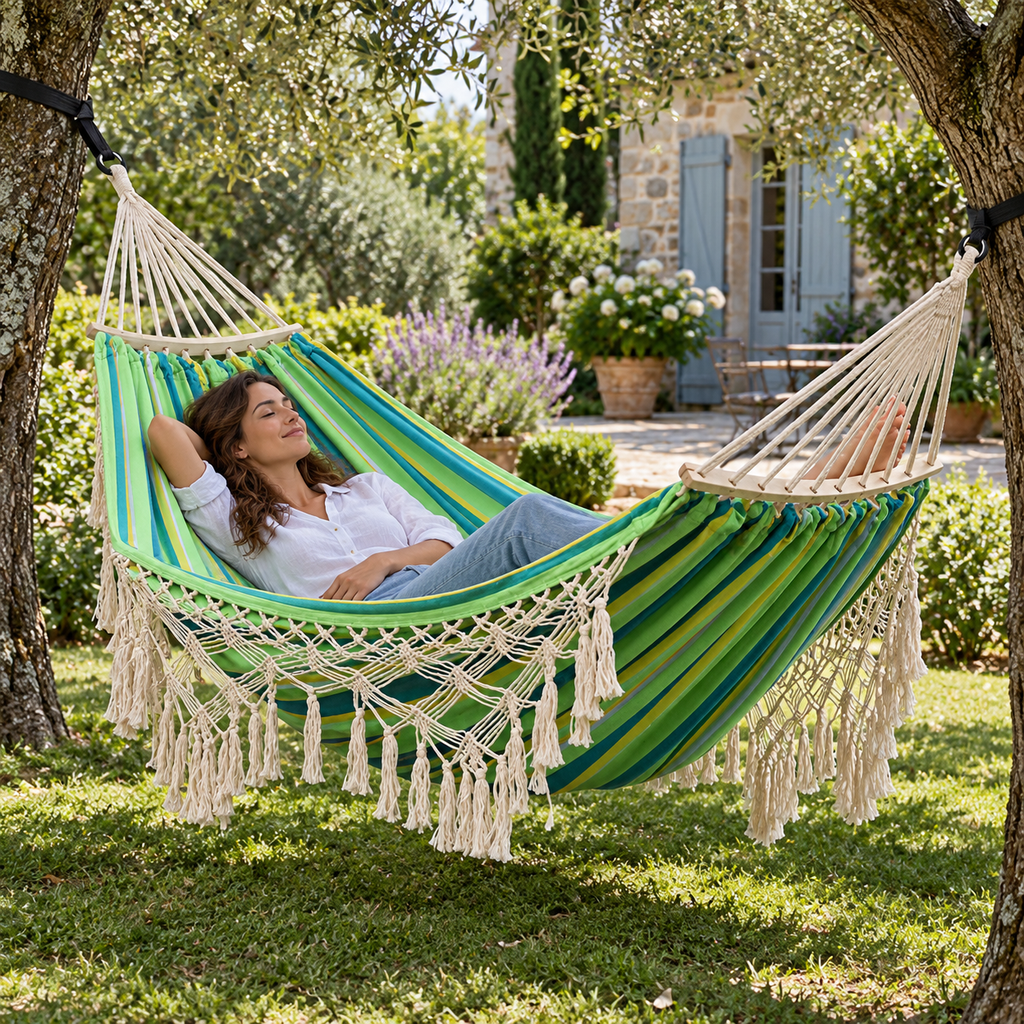 Hamac à franges rayé vert avec barres bois en utilisation dans un jardin ou sur une terrasse