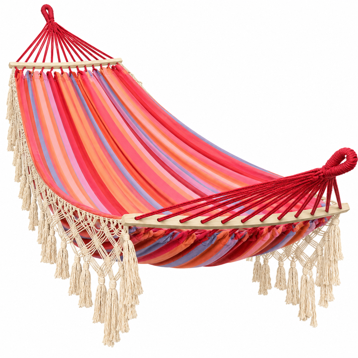 Hamac à franges rayé rouge rose avec barres bois sous un autre angle