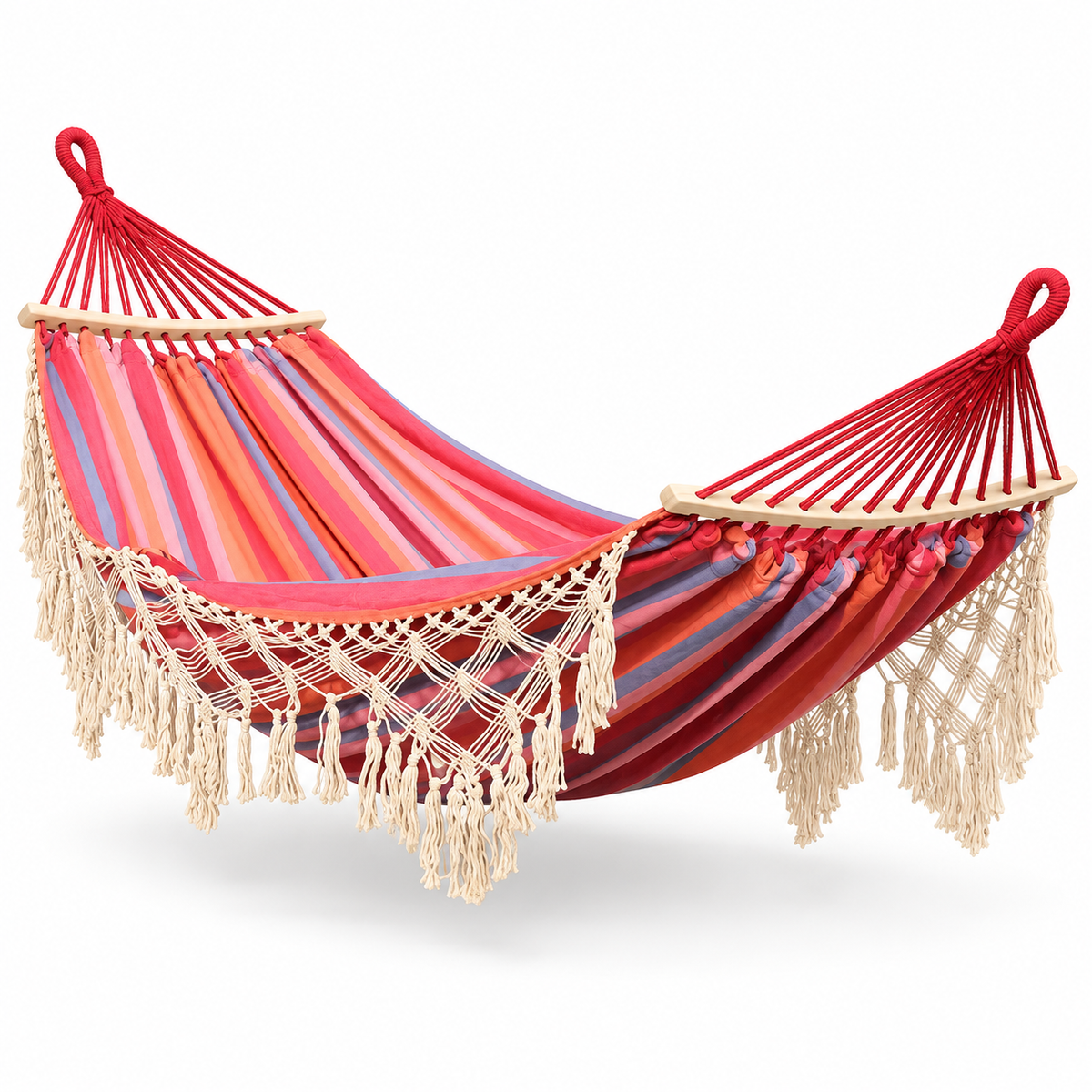 Hamac à franges rayé rouge rose avec barres bois sur fond blanc