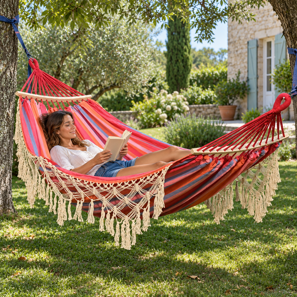 Hamac à franges rayé rouge rose avec barres bois en utilisation dans un jardin ou sur une terrasse