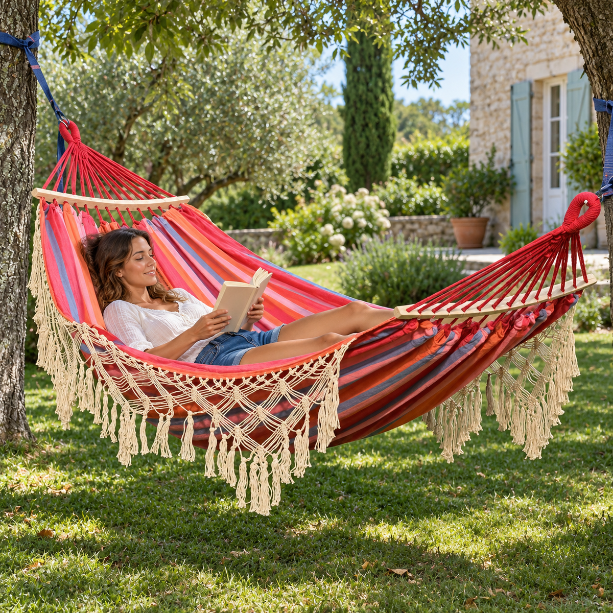 Hamac à franges rayé rouge rose avec barres bois en utilisation dans un jardin ou sur une terrasse