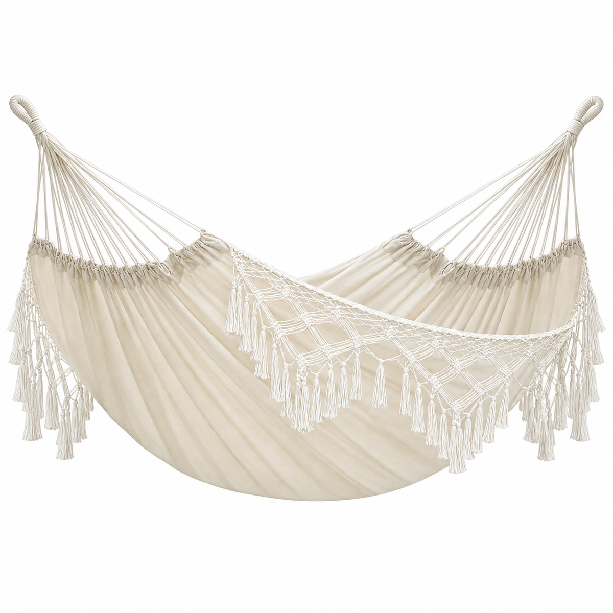 Hamac macramé écru à franges sans barre sous un autre angle