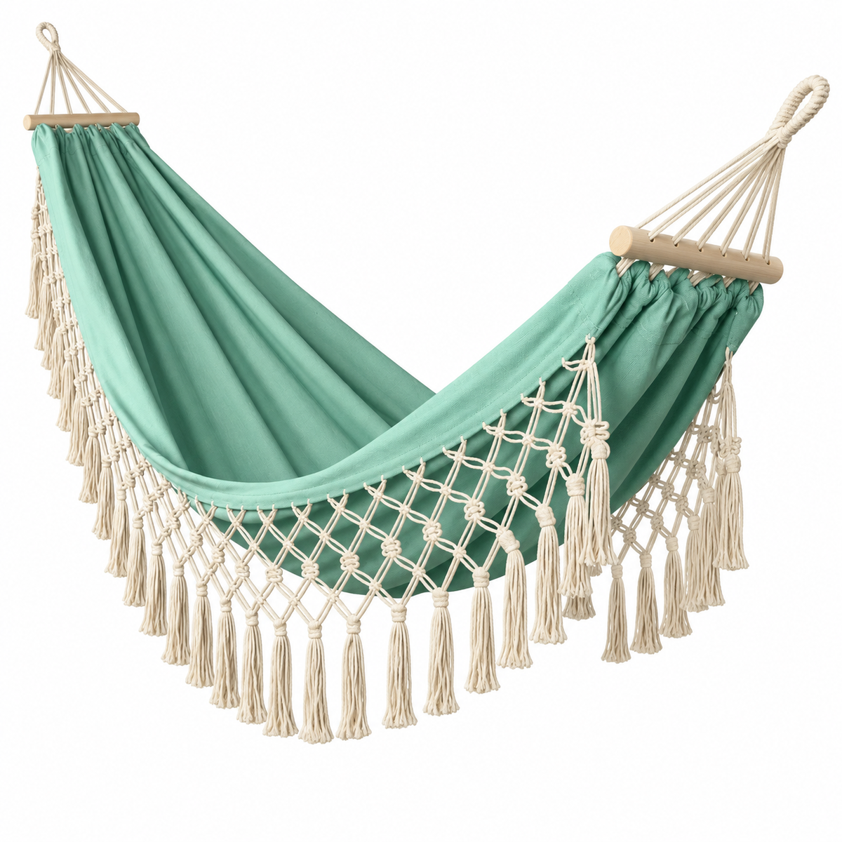 Hamac à franges vert menthe avec barres courtes sous un autre angle
