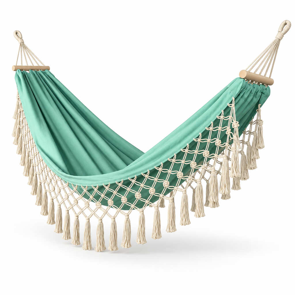 Hamac à franges vert menthe avec barres courtes sur fond blanc