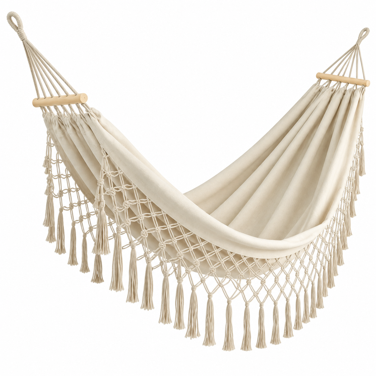 Hamac à franges écru avec barres courtes sous un autre angle