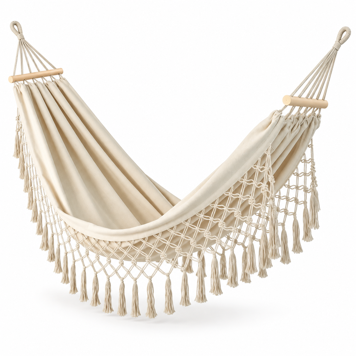 Hamac à franges écru avec barres courtes sur fond blanc