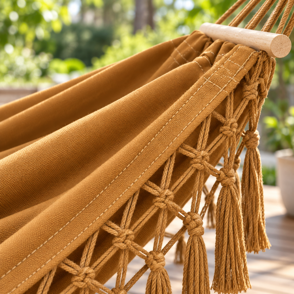 Gros plan sur le tissu caramel, les nœuds en macramé et la barre en bois du hamac