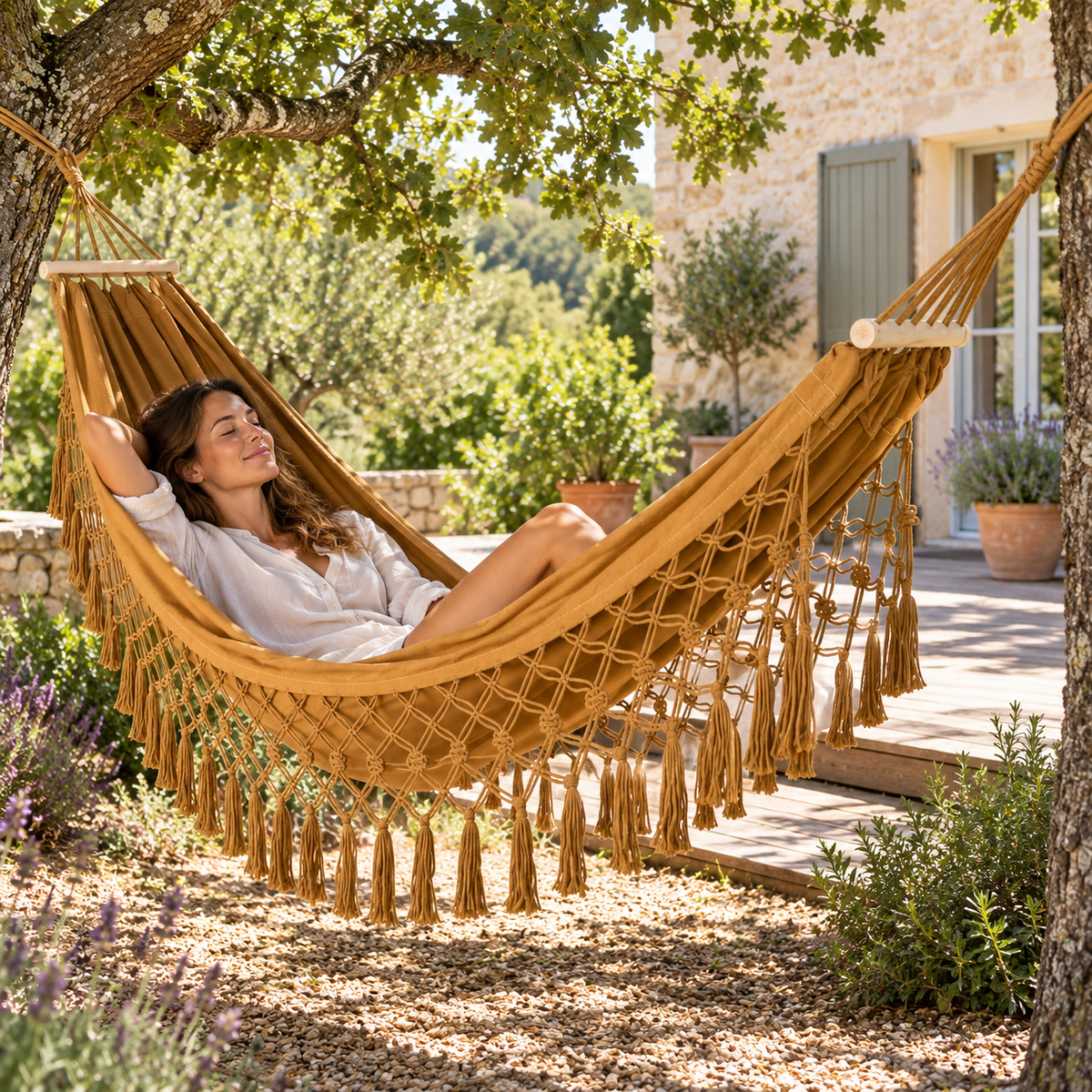 Femme allongée dans un hamac caramel à franges dans un jardin