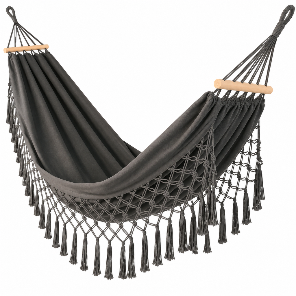 Hamac à franges gris foncé avec barres courtes sous un autre angle