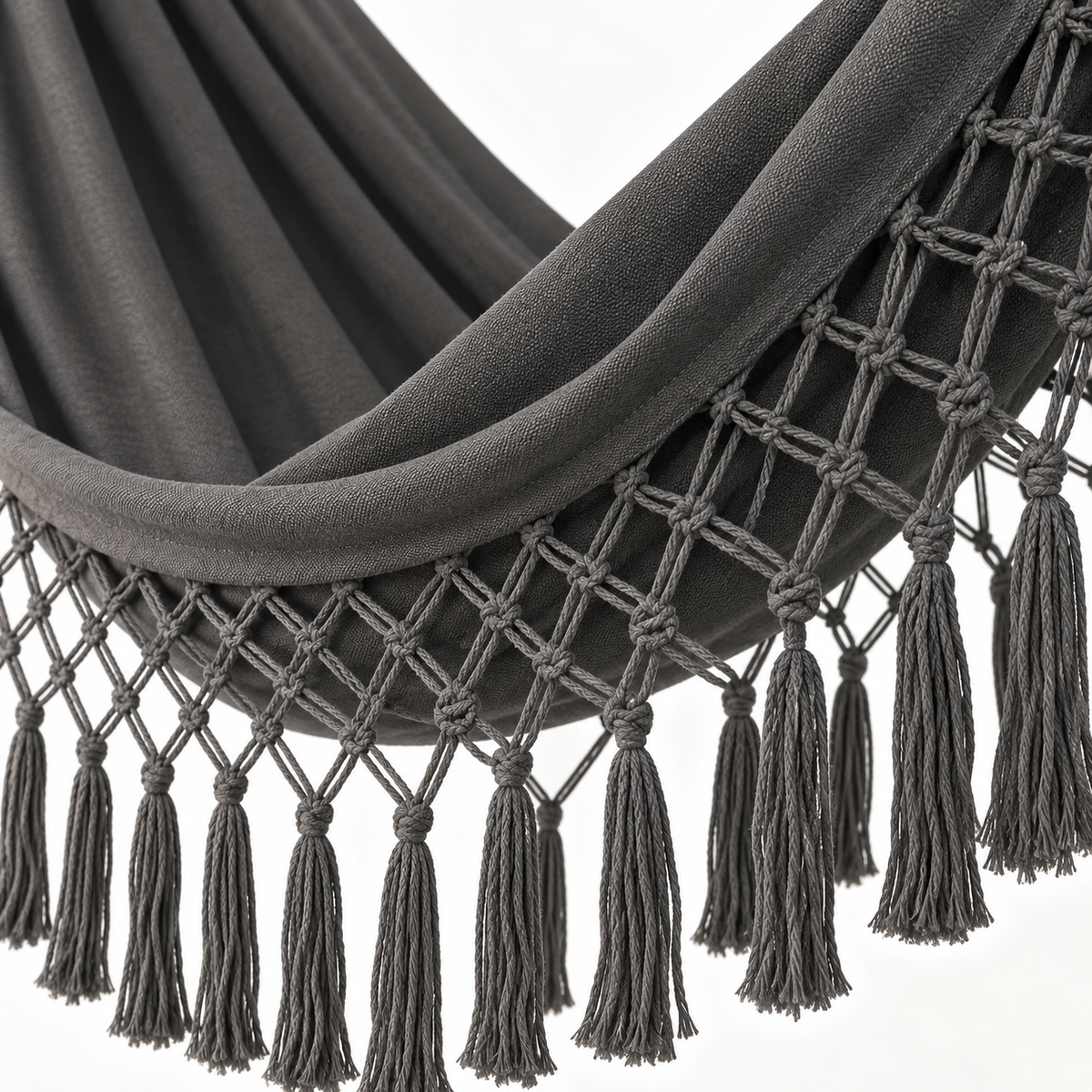 Zoom sur les matières : Hamac à franges gris foncé avec barres courtes