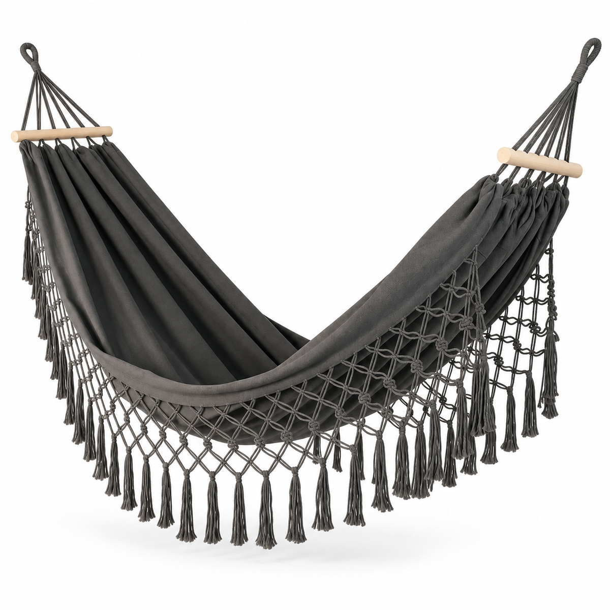Hamac à franges gris foncé avec barres courtes sur fond blanc