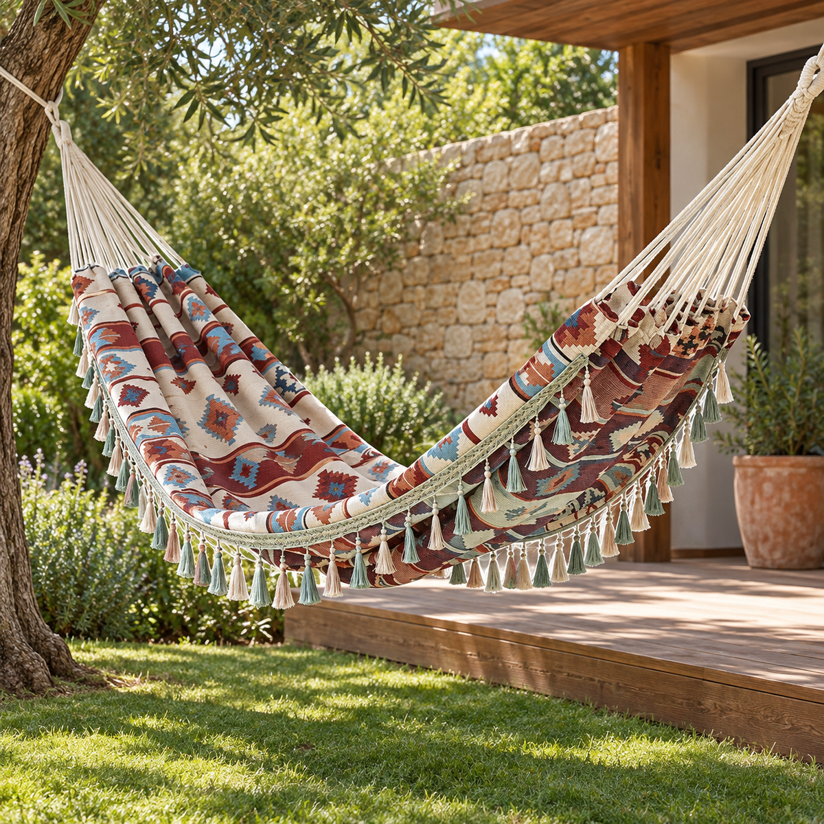 Hamac jacquard à motifs géométriques rouge et bleu, vue de trois quarts dans un jardin