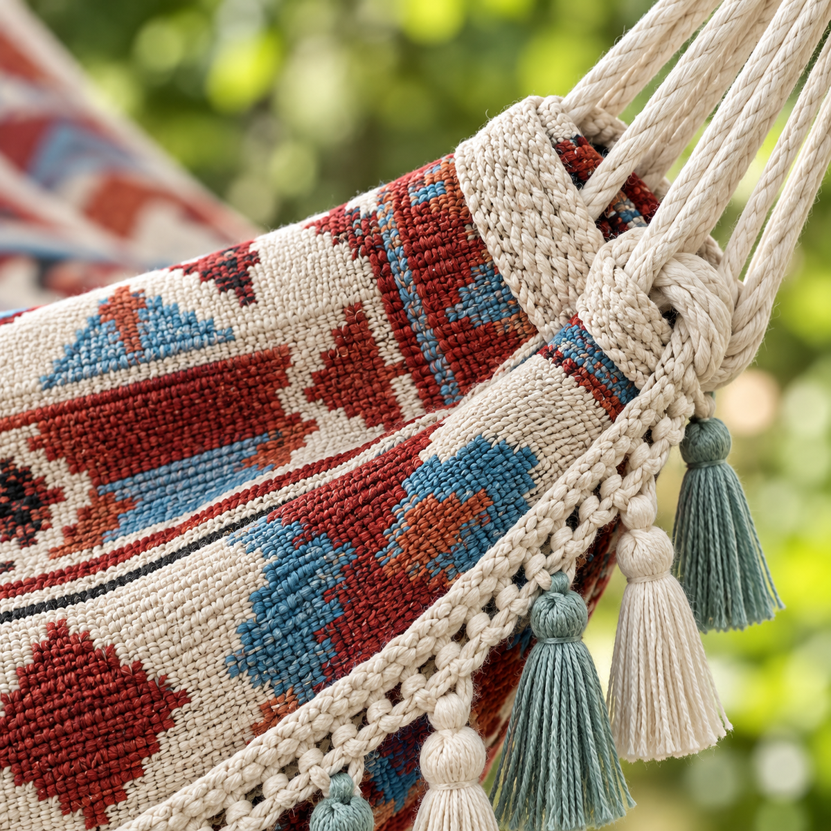 Gros plan sur le tissu jacquard, les cordes et les pompons du hamac