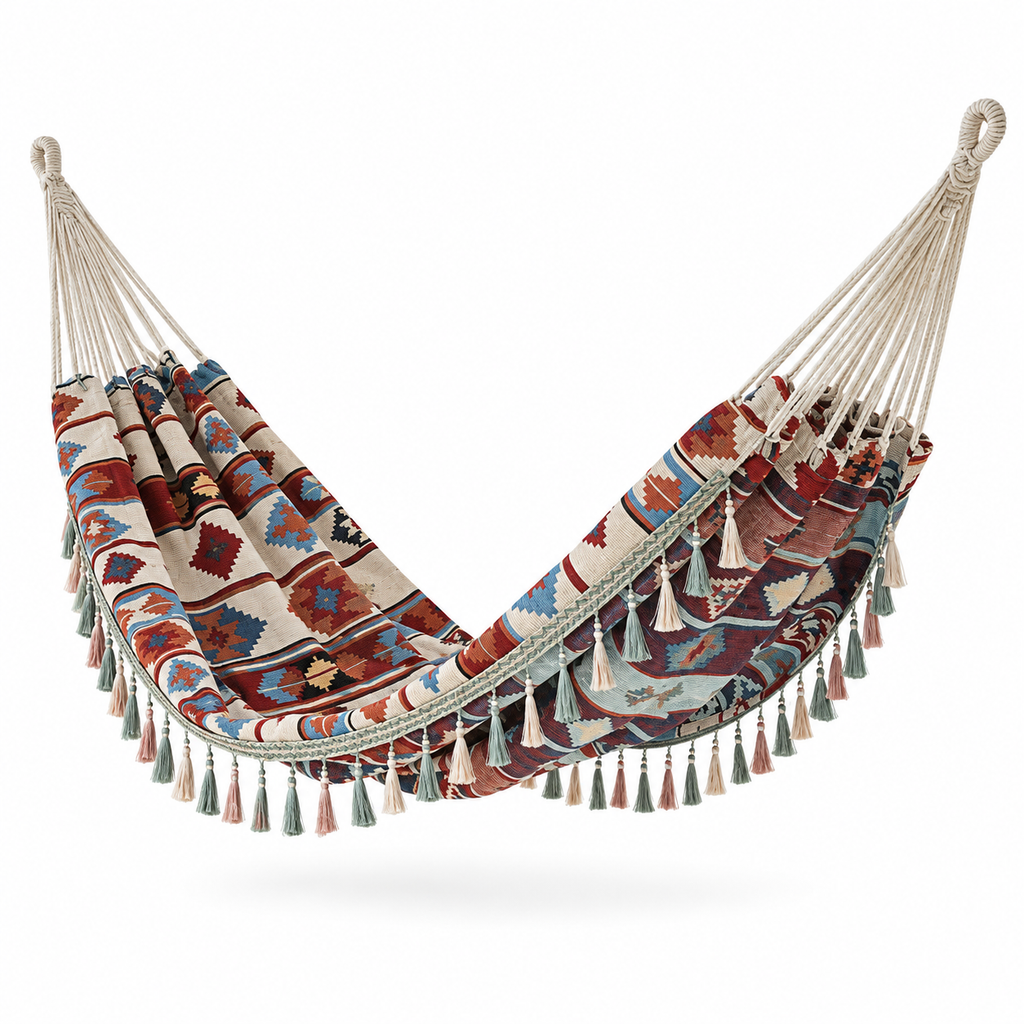 Hamac jacquard à motifs géométriques rouge et bleu sur fond blanc