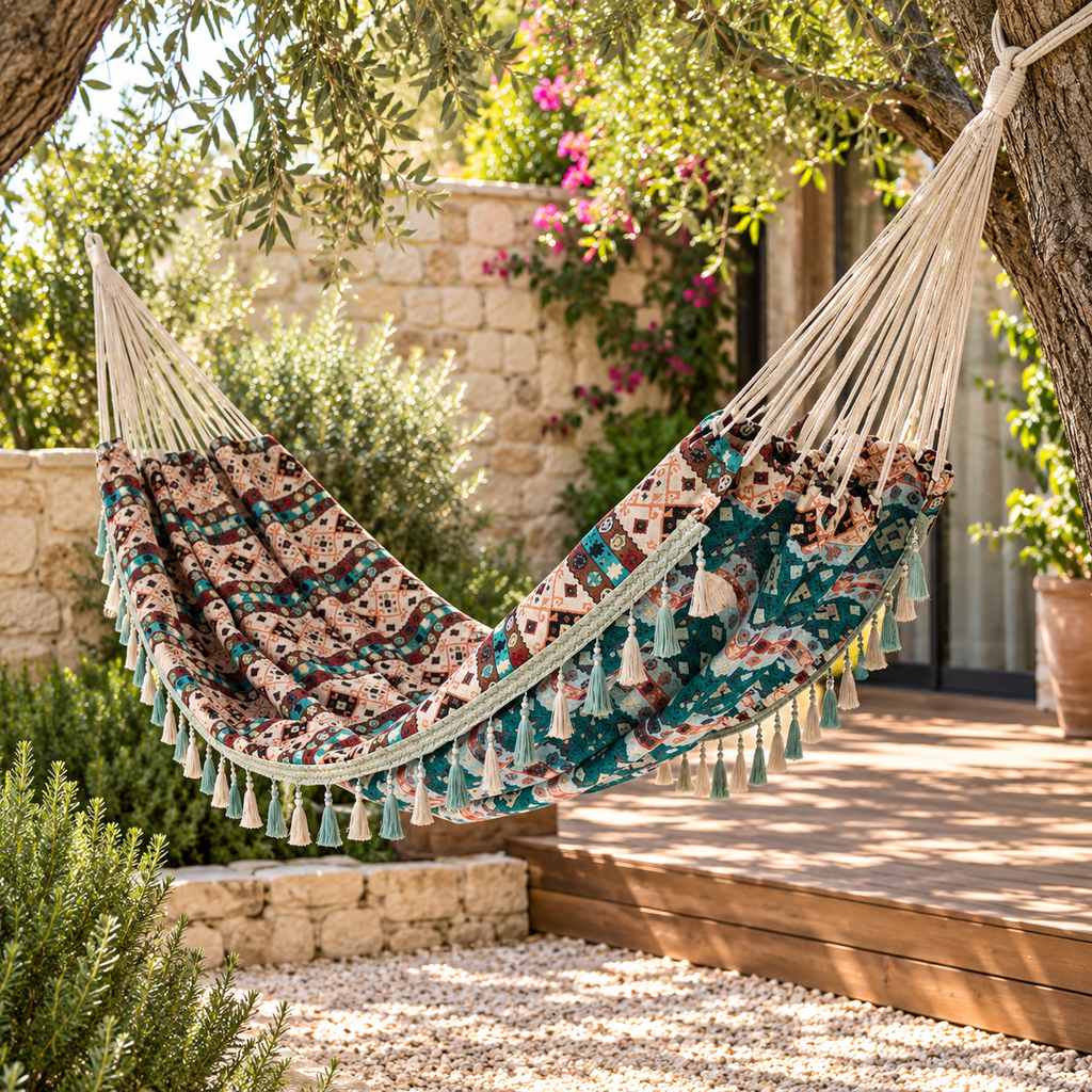 Hamac jacquard patchwork vert et rouille entre deux arbres, vue de trois quarts