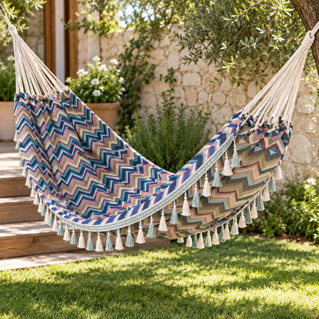 Hamac jacquard à chevrons bleu, violet et beige, vue de trois quarts dans un jardin
