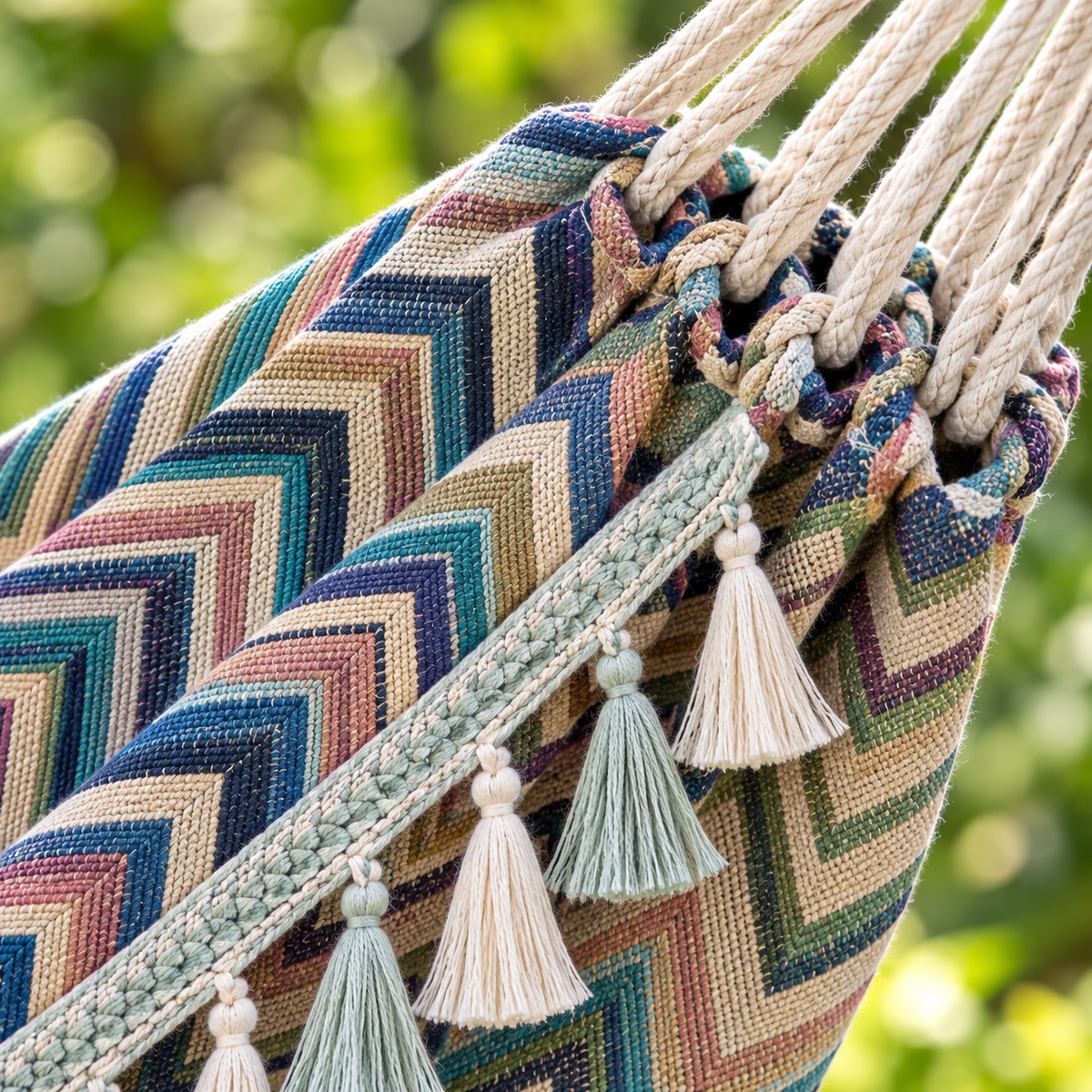 Gros plan sur le tissu jacquard, les cordes et les pompons du hamac