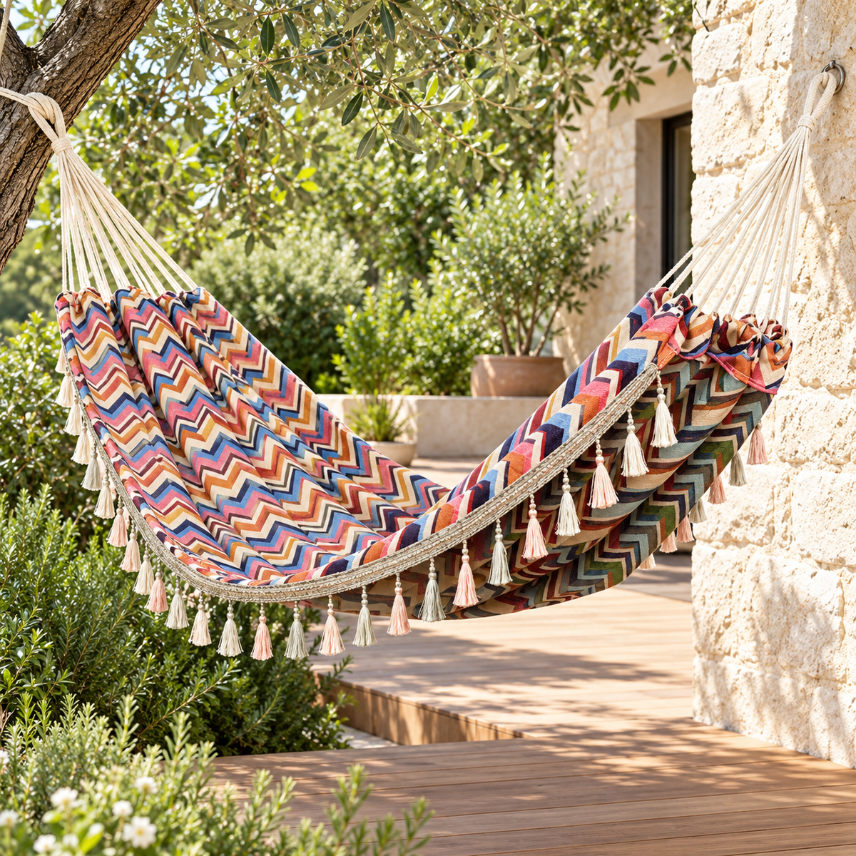 Hamac jacquard à chevrons rose, orange et bleu, vue de trois quarts dans un jardin