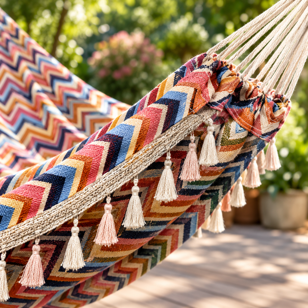 Gros plan sur le tissu jacquard, les cordes et les pompons du hamac