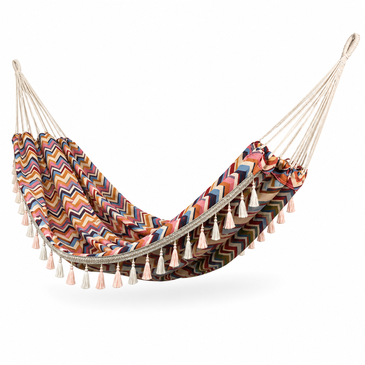 Hamac jacquard à chevrons rose, orange et bleu sur fond blanc