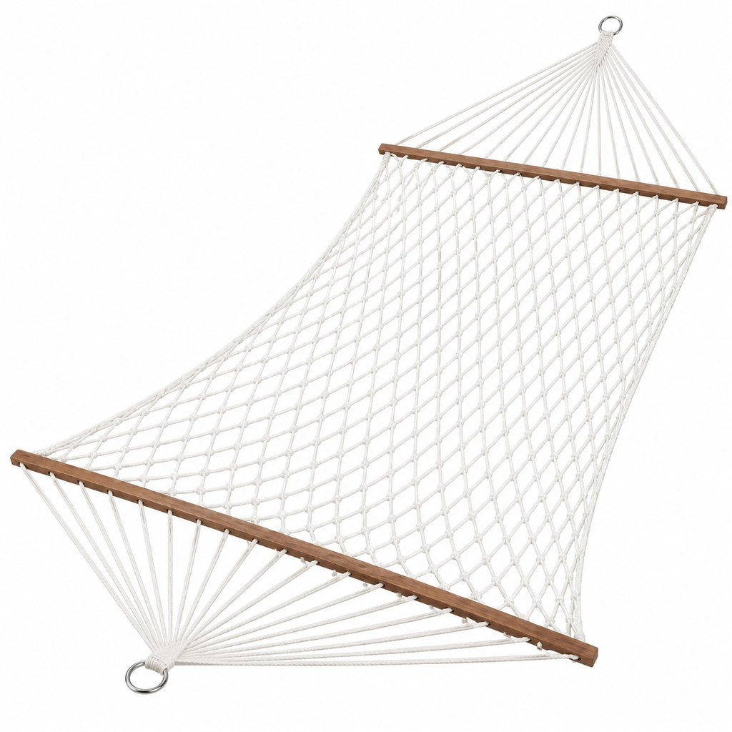 Hamac XXL en corde écru avec matelas amovible sans matelas ni oreiller, vue du hamac en corde
